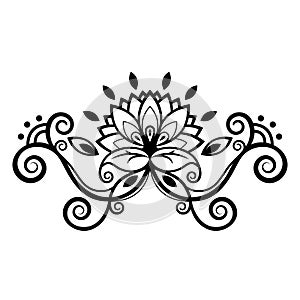 Abstract floral ornament, ethnic pattern, black and white drawing with curls, spirals, flower, decorative element, print, tattoo,