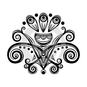 Abstract floral ornament, ethnic pattern, black and white drawing with curls, spirals, flower, decorative element, print, tattoo,