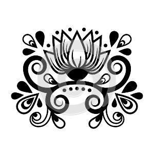 Abstract floral ornament, ethnic pattern, black and white drawing with curls, spirals, flower, decorative element, print, tattoo,