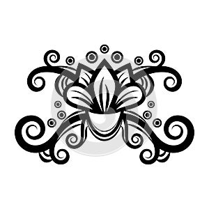 Abstract floral ornament, ethnic pattern, black and white drawing with curls, spirals, flower, decorative element, print, tattoo,