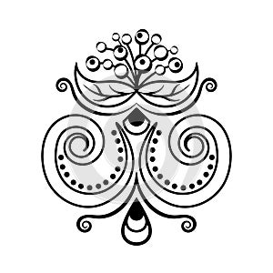 Abstract floral ornament, ethnic pattern, black and white drawing with curls, spirals, flower, decorative element, print, tattoo,