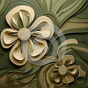 Abstract Floral Paper Art: Dark Beige And Green 3d Murals photo