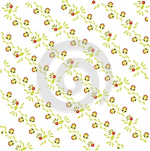 Abstract floral pattern on a diagonal. Light green and brown leaves and birds, red flowers on white, summer