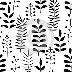 Floral seamless pattern with branches and leaves. Black silhouettes of doodle flowers.