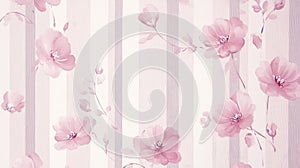 Seamless Pink Floral Pattern on Striped Background, Pastel Watercolor Flowers, Textile Design