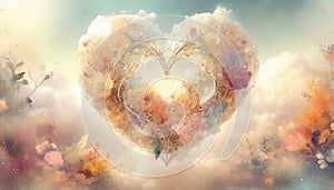 Abstract floral romantic Valentine heart floating in the clouds.