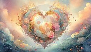 Abstract floral romantic Valentine heart floating in the clouds.