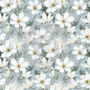 abstract floral seamless pattern of delicate white flowers and leaves on a light gray background