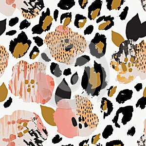 Abstract floral seamless pattern: flowers with zebra stripes, leopard skin print