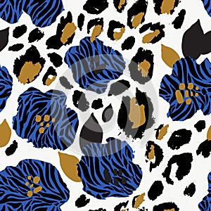 Abstract floral seamless pattern: flowers with zebra stripes, leopard skin print