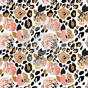 Abstract floral seamless pattern: flowers with zebra stripes, leopard skin print