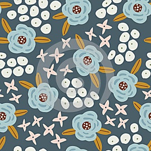 Abstract floral seamless pattern. Hand drawn daisy, lilac and rose flowers with leaves. Flat modern minimalist design