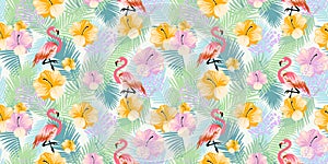 Abstract floral seamless pattern with tropical jungle leaves , exotic flamingo birds. Forest print design