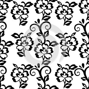 Abstract floral seamless pattern, vector background. Black floral ornament with curls on a white backdrop. For fabric design, wall