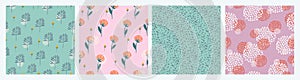 Abstract floral seamless patterns with flowers. Trendy hand drawn textures. Modern abstract background set