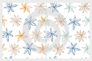 Abstract Floral Seamless Vector Pattern. Blue, Beige, Mint Green and Orange Hand Drawn Flowers.