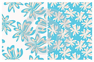 Abstract Floral Seamless Vector Patterns with Cream and Blue Flowers.