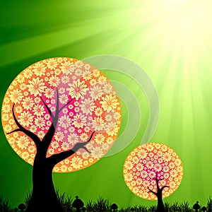 Abstract floral trees on green burst light