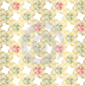Abstract floral vector pattern texture with striped geometric flowers in gold, green and red on white background.