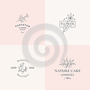 Abstract Floral Vector Signs or Logo Templates Set. Retro Feminine Illustration with Classy Typography. Premium Flower