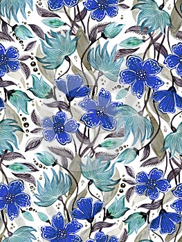 Abstract floral watercolor seamless pattern with stylized blue flowers on a white background