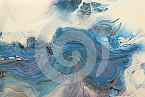 Abstract flow acrylic and watercolor pour flow marble blot painting. Color beige and blue wave copy space smoke horizontal texture
