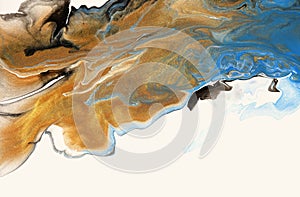 Abstract flow acrylic and watercolor pour flow marble blot painting. Color bronze and gold wave horizontal texture background