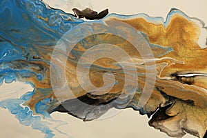 Abstract flow acrylic and watercolor pour flow marble blot painting. Color gold and blue wave copy space smoke horizontal texture