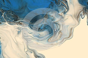 Abstract flow acrylic and watercolor pour marble blot painting. Blue Color wave horizontal texture background