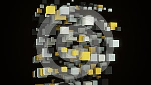 Abstract flow of yellow, grey, and white 3D same size cubes isolated on black background. Animation. Colorful cubes