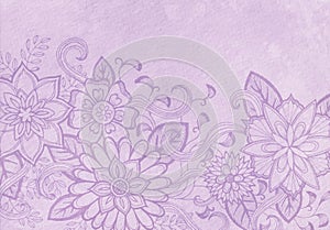 Abstract flower border design with vintage purple watercolor paint texture