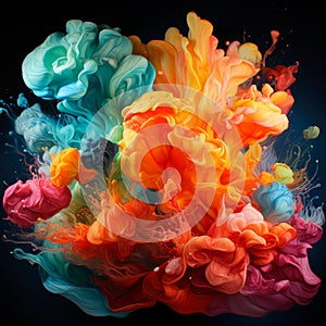 Abstract flower explosion of colors in paint splashes, isolated on black