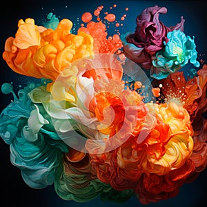 Abstract flower explosion of colors in paint splashes, isolated on black