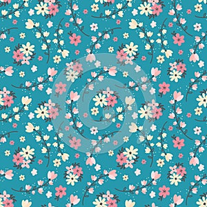 Abstract flower hand drawn vector seamless pattern. Blooming pink and yellow flowers and leaves botanical background