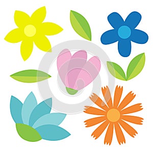 Abstract flower head, leaf set. Flowers, leaves, plants. Childish simple style. Daisy, tulip, chamomile, gerbera bouquet. Floral