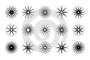 Abstract Flower Icons Set. Radial Rotation Circle Patterns. Round Design Elements