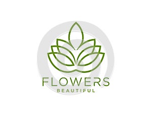 Abstract Flower Logo. Green Line art Style isolated on White Background. Usable for Nature, Salon, Spa, Cosmetic and Beauty Logos.