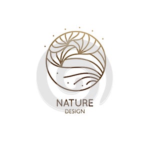 Abstract flower logo template. Round emblem plant in linear style. Vector minimal badge for design of natural products