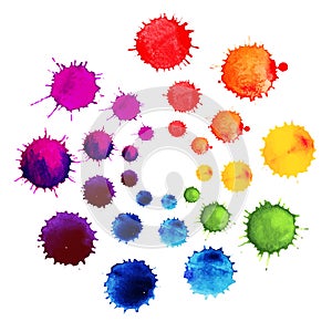 Abstract flower made of watercolor blobs. Colorful abstract vector ink paint splats. Color wheel.