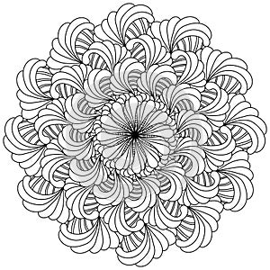 Abstract flower mandala with ornate layered petals, meditative coloring page with fan elements