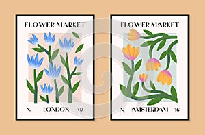 Abstract flower market vector posters with hand drawn florals