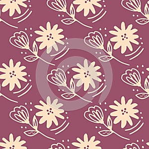 Abstract flower seamless pattern in line art style on pink background. Doodle floral wallpaper