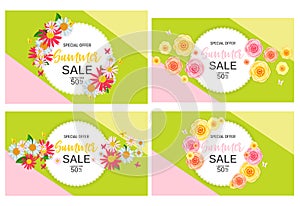 Abstract Flower Summer Sale Background with Frame and Flowers Collection Set. Vector Illustration