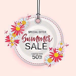 Abstract Flower Summer Sale Background with Frame. Vector Illustration