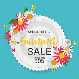 Abstract Flower Summer Sale Background with Frame. Vector Illustration