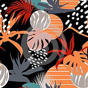 Abstract flower and tropical leaves drawing seamless pattern. Vintage set.