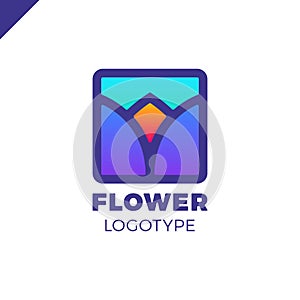 Abstract flower tulip logo in square icon design. Elegant linear premium symbol.