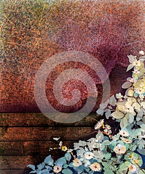 Abstract flower watercolor painting. Hand painted Ivy flowers and leaf on wall and wood fence grunge texture background