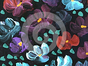 Abstract flowers art painting, creative hand painted background, brush texture, acrylic painting on canvas