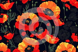 Abstract flowers background, red poppies flowers pattern on black wallpaper Generative AI